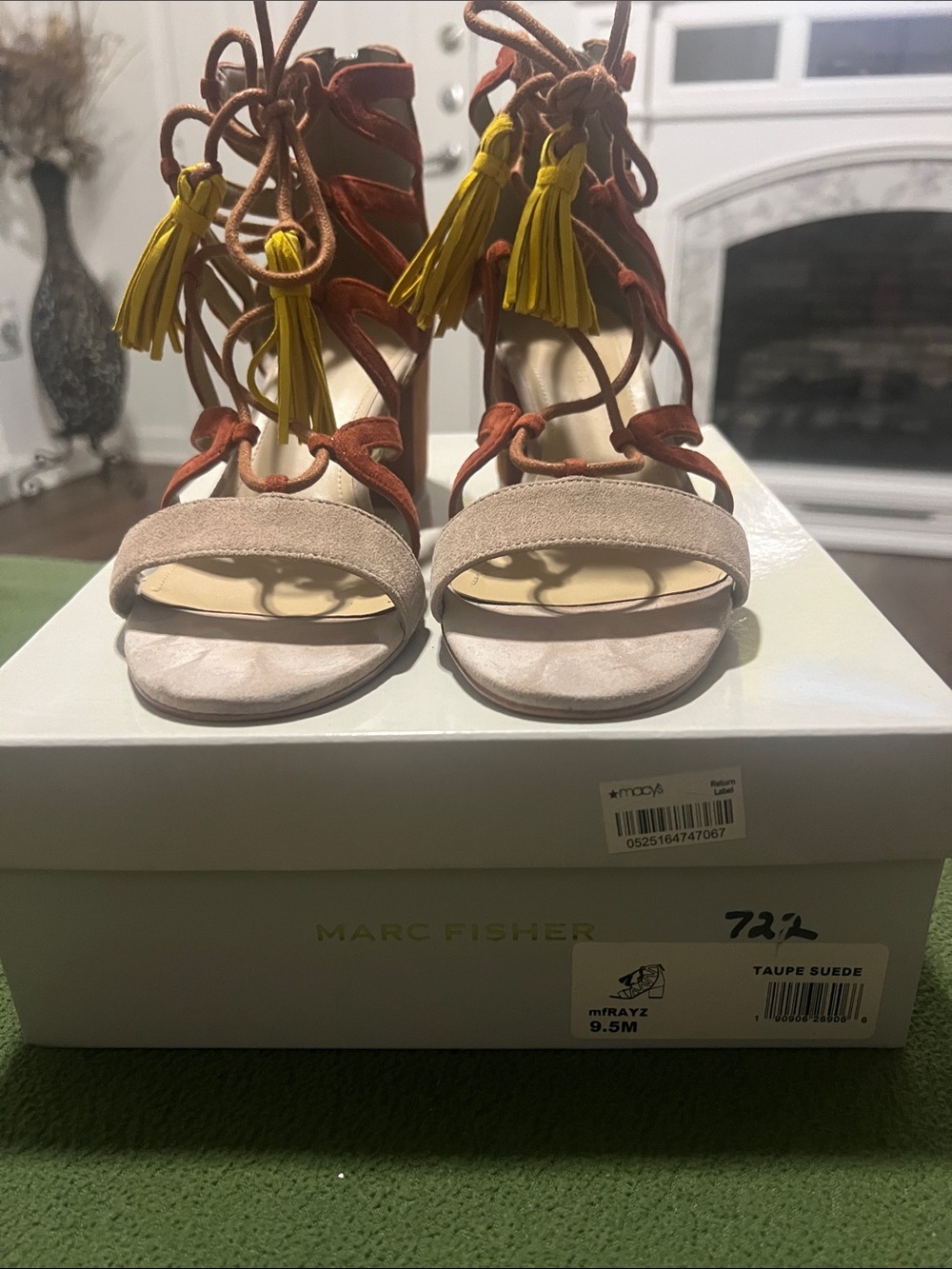 Marc Fisher Taupe Suede Lace-Up Heels with Rust Straps and Yellow Tassels